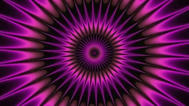 Turning purple pink shinning neon spike discs on dark background. Rich outlined stroke. Seamless ornate design. Dazzling circle sphere energy field — Stock Video