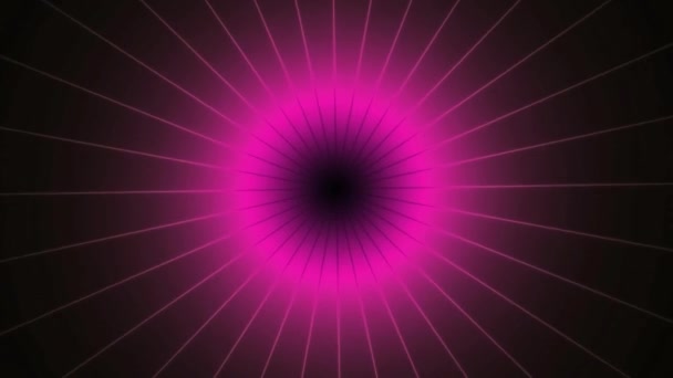 어두운 배경에 보라색 분홍색 shinning 네온 스파이크 디스크를 돌고. 리치에 선을 설명 했다. 원활한 화려한 디자인입니다. 눈부신 원 구 에너지 분야 — 비디오