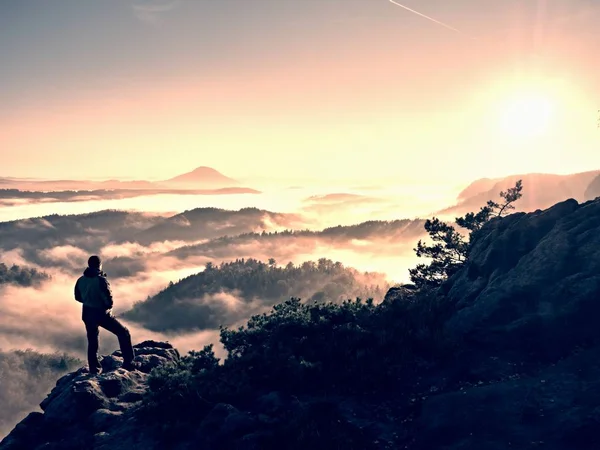 Matin automnal brumeux dans la nature. Randonneur en stand noir sur pic dans la roche — Photo