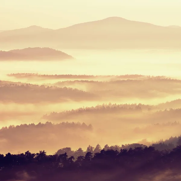 Όμορφο φθινοπωρινό τοπίο με θέα στο βουνό, ομίχλη το πρωί — Φωτογραφία Αρχείου