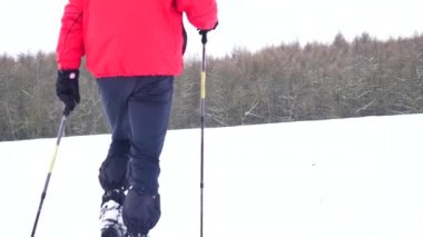 Kar ayakkabılarını walk ın under karlı olan adam. Uzun yürüyüşe çıkan kimse kırmızı kış ceket ve siyah pantolon toz karda snowshoeing trekking. Bulutlu kış günü, nazik Rüzgar küçük kar pul getiriyor.. 