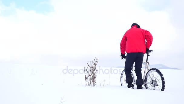 Man iker pousse le vélo dans la neige profonde au buisson sec de chardon. Journée d'hiver nuageuse avec un vent doux et de petits flocons de neige dans l'air . — Video