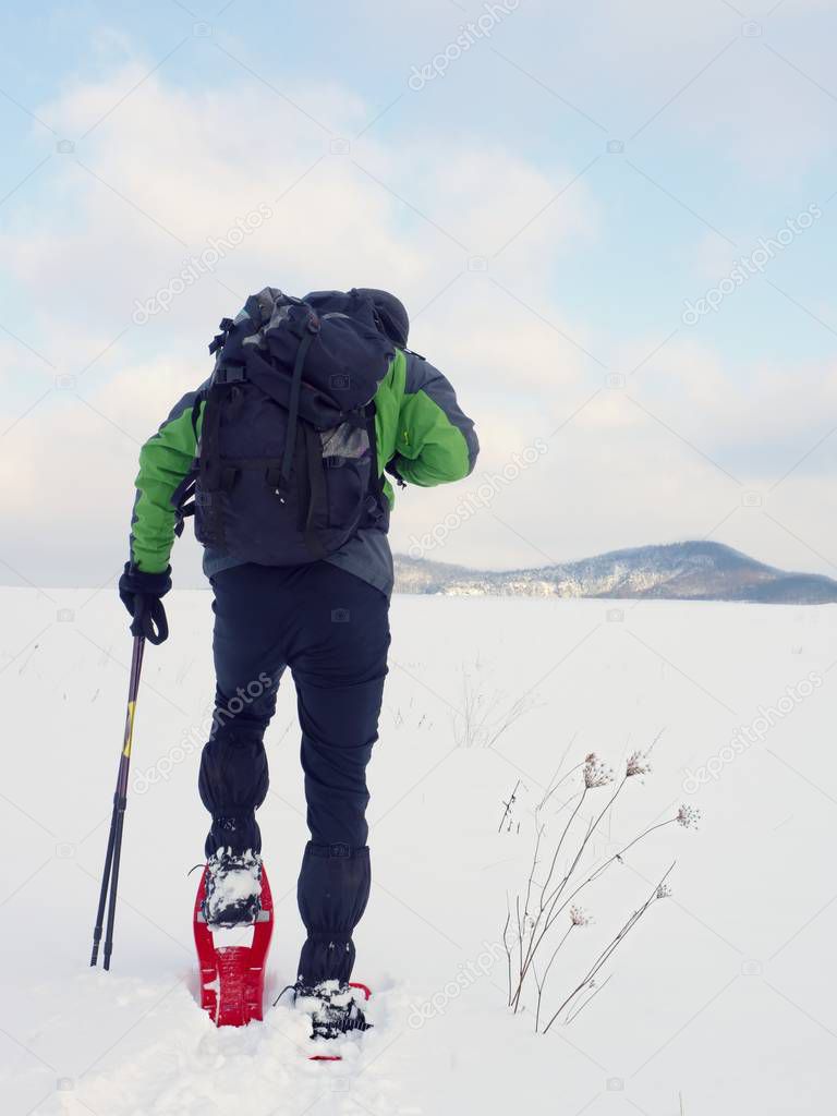 Man cleaning snowshoe. Hiker in green gray winter jacket and black trekking trousers walk in snowy filed. Snowshoeing in powder snow. Cloudy winter day, gentle wind brings small snow flakes 