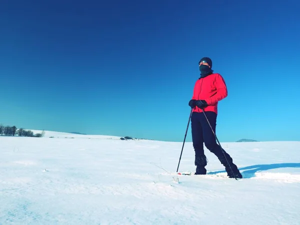Turist kar ayakkabıları ile karlı drift yürümek. Güneşli dondurucu hava. Uzun yürüyüşe çıkan kimse pembe spor ceket ve siyah pantolon toz karda snowshoeing trekking. — Stok fotoğraf