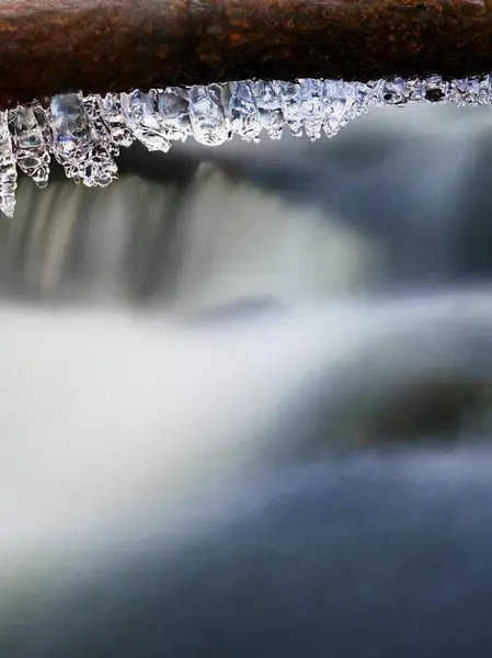Gli ghiaccioli pendono su ramoscelli e corteccia ghiacciata sopra il flusso rapido del peperoncino. Ruscello di montagna invernale, lunghi ghiaccioli sottili sono appesi al tronco caduto . — Foto Stock