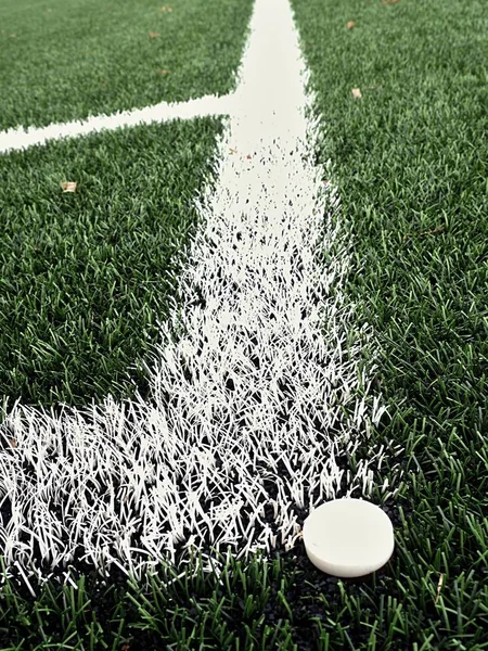 Rincón del patio de fútbol en el césped verde artificial climatizado playgroun — Foto de Stock