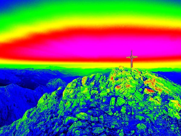 Infrared  photo. Steel crucifix at mountain peak in Alps. — Stock Photo, Image