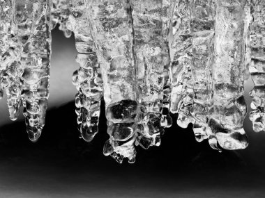 Buzlu dalları kış creek yukarıda. Buz sarkıtları parlak yansımalar,