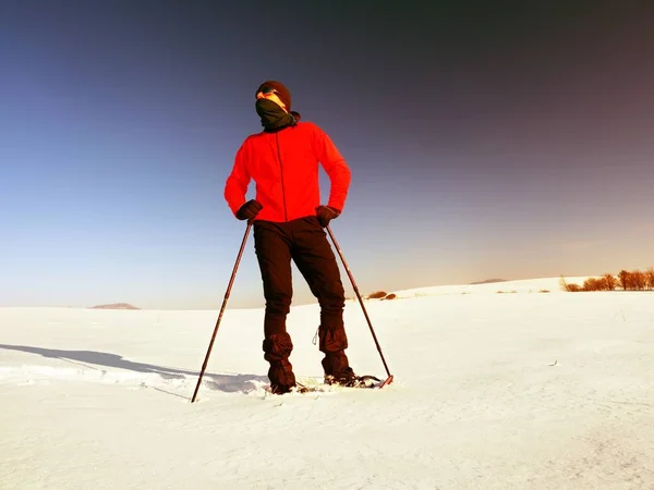 Turist med snöskor promenad i snöiga drift. Soliga frysa väder. — Stockfoto