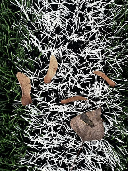 End of football season. Plastic green football turf — Stock Photo, Image