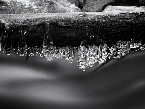 Длинные сосульки висят над темной ледяной водой горного ручья . — стоковое фото
