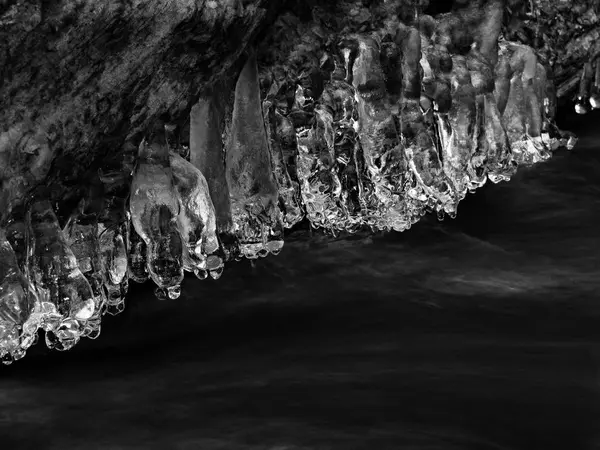 Rami ghiacciati sopra il torrente invernale. Luminosi riflessi nei ghiaccioli , — Foto Stock