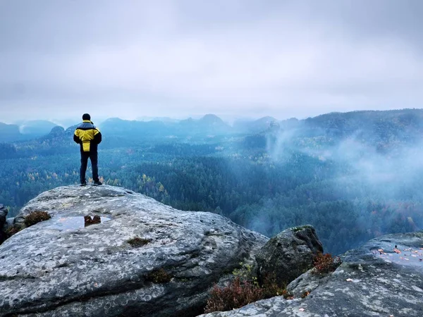 Rear view of hiker in yellow black jacket on mountain  while enjoying daybreak — Stock Photo, Image