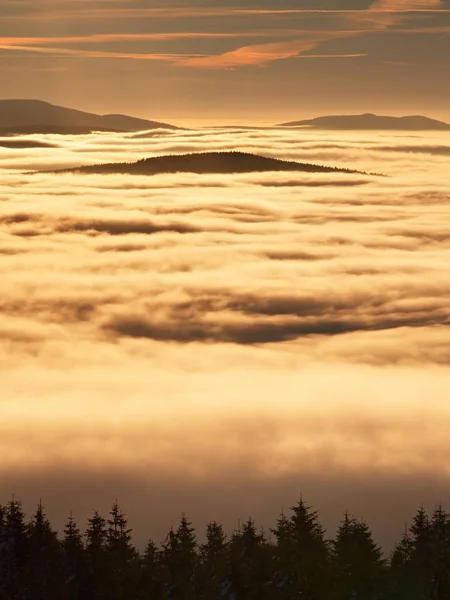 Rosa orange solen stiga över dimmiga vintern berg — Stockfoto