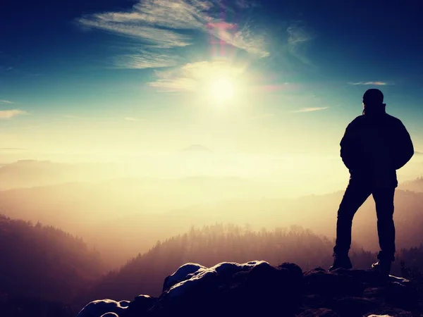 Man silhouette on sharp peak. Satisfy hiker enjoy view — Stock Photo, Image