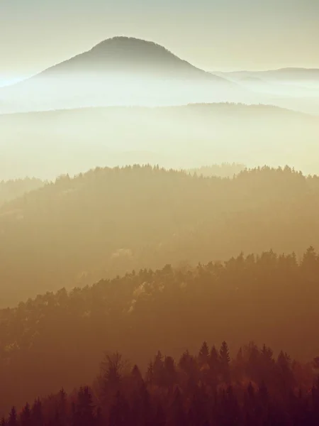 Сценический восход солнца в горах, градация красочного тумана — стоковое фото