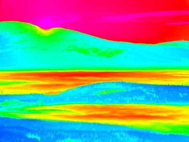 Animal Infrared view. Hilly landscape, forest with colorful fog clipart
