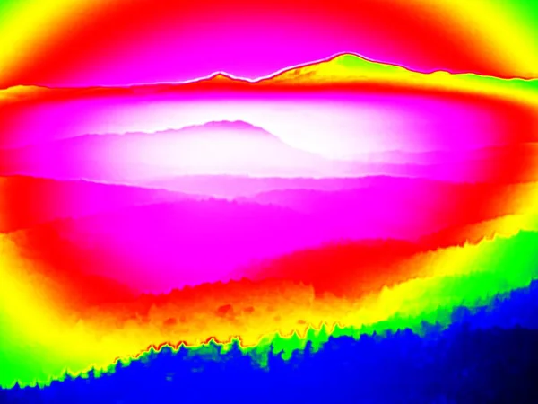 Thermography photo. Hills, forest and fog in ultraviolet view — Stock Photo, Image