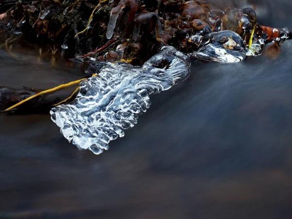 Stralende ijspegels zijn opknoping op gevallen boomstam boven melkachtig water — Stockfoto