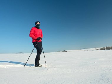 Kış Turizm karlı drift kar ayakkabıları yürüyüş ile. Pembe spor ceket ve siyah pantolon toz karda snowshoeing trekking fiyatı. Bulutlu kış günü, nazik Rüzgar küçük kar pul getiriyor.. 
