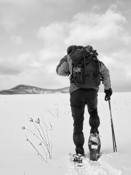 Turista che controlla le ciaspole. Escursionista con giacca invernale e grande zaino passeggiata sulla neve — Foto Stock