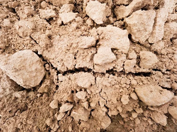 Staubtrockener Lehm auf dem Feld. leeres gepflügtes Feld wartet auf die Aussaat. Heißer Frühlingstag auf dem Feld — Stockfoto