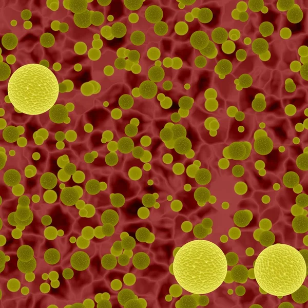 Bacterias amarillas peligrosas o esferas de virus en sangre clara, inicio de epidemia, ilustración 3d , —  Fotos de Stock