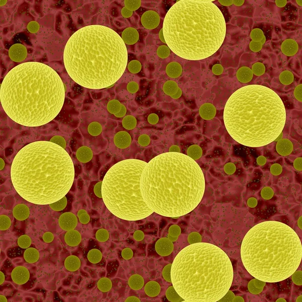 Dangerous  yellow bacterias or virus spheres in light blood, start of epidemic , 3d illustration, — Stock Photo, Image