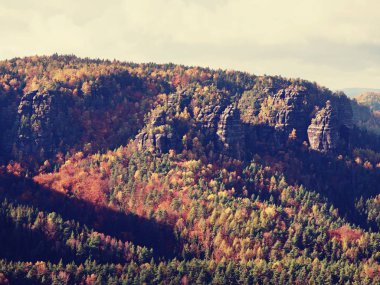 Güzel bir dağ içinde sonbahar gündoğumu. Kumtaşı zirveleri sis arttı