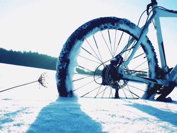 Mountainbike bo i pudersnö. Snöflingor smältande på mörk off road däck. — Stockfoto
