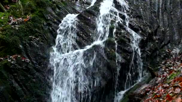 En cámara lenta. Pequeña cascada llena de agua después de la lluvia. Reflexiones sobre rocas de basalto húmedo, agua lechosa llena de arroyos y burbujas .. — Vídeos de Stock