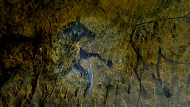 Scoperta di vernice preistorica di cavallo in grotta di arenaria. Riflettori puntati sulla pittura umana storica. Cavalli neri di carbonio su un muro di arenaria. Pittura di caccia, quadro preistorico — Video Stock