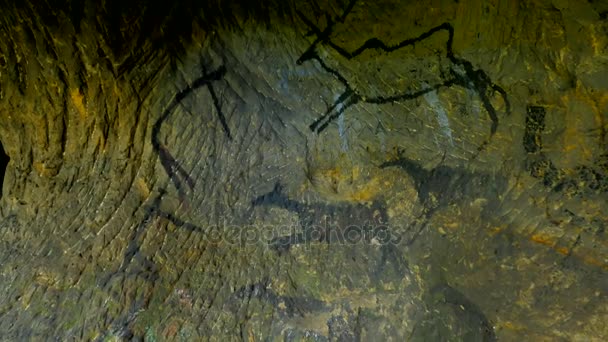 Descubrimiento de pintura prehistórica de caza de cavernícolas en cueva de arenisca. Pintura de caza humana de ciervos, mamuts y renos. El proyector brilla sobre el arte abstracto del carbono negro histórico en la cueva de arenisca — Vídeos de Stock