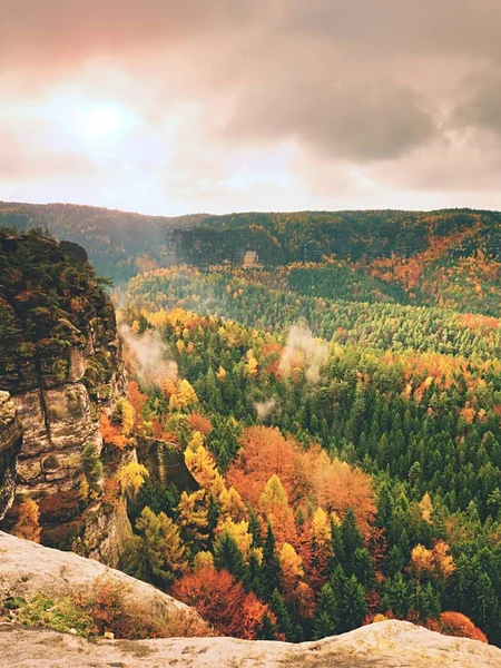 Herrlicher Tagesanbruch. nebliger Tagesanbruch in einem wunderschönen Hügelland des Nationalparks, euroope. — Stockfoto