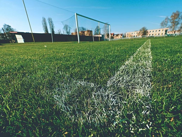 Fotbalový míč zelené trávě pole, fotbal linie. Zavěsit zahnutými modrá žlutá fotbalové sítě, fotbal fotbal čisté. — Stock fotografie