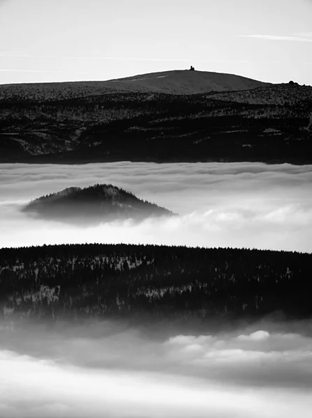 Höchste Hügel über inversem Nebel. Winterkälte in den Bergen — Stockfoto