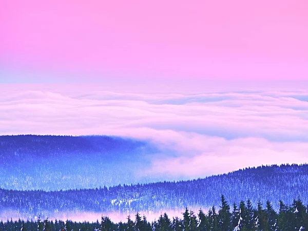 Pink orange sun rise above misty winter mountains