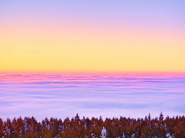 Topparna av bergen ovanför krämig mist, vinter landskap. — Stockfoto