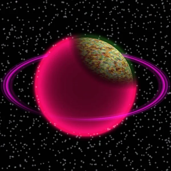Uzak uniferse Shinning gezegen. Renkli halka bir yere ile soyut gezegen — Stok fotoğraf
