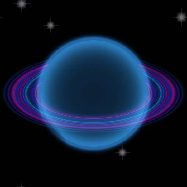 Leuchtender Planet in weiter Ferne. abstrakter Planet mit buntem Ring irgendwo — Stockfoto