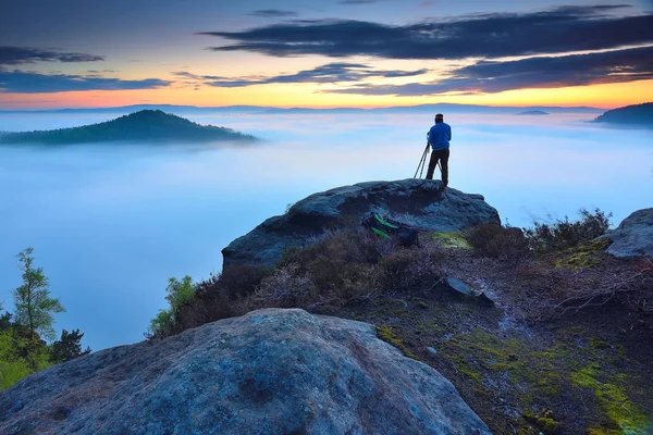Bahar renkleri. Bahar gündoğumu kayalar ve taze yeşil orman, renkli Vadisi yoğun sis tam yukarıda 