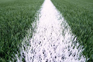 Beyaz çizgi işaretleri yapay yeşil çim zemin üzerine boyalı. Bahçesi plastik çim ile.