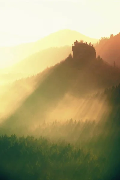 Zonsopgang in een prachtige berg van Tsjechisch-Saksen Zwitserland. Scherpe heuvels verhoogd van mistige achtergrond, de mist is oranje als gevolg van zonnestralen. — Stockfoto