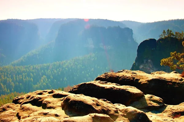 El pico del acantilado con arbusto de brezo. Hermoso valle de las montañas rocosas parque . — Foto de Stock