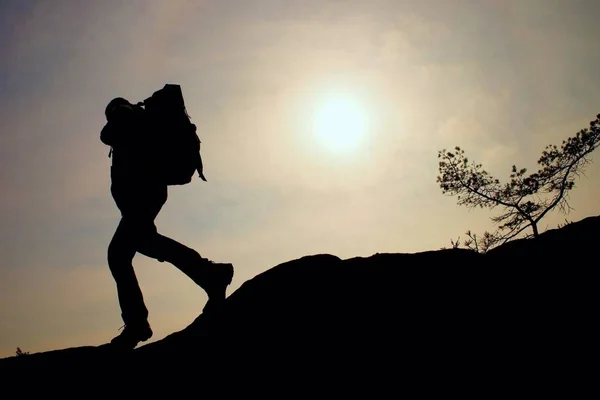 Turista con mochila deportiva y postes en las manos de pie en el acantilado y mirando en profundo valle brumoso a continuación. Soleado primavera da —  Fotos de Stock