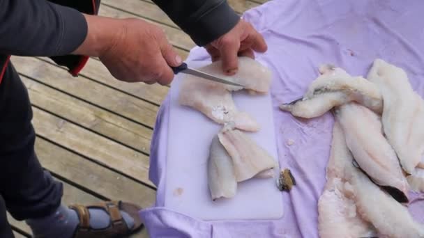 Corte de filetes de pescado en el mercado callejero de mariscos. Las manos masculinas preparan filete de pescado y lo cortan en una tabla de cortar de plástico. El cocinero comprueba el filete de pescado, comida saludable — Vídeo de stock