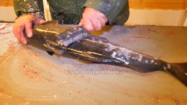 Torsk, sejen. Snabb borttagning av skalor med en stålborste på arkivering bord. Visa starka manliga händer arbetar med havsfisk. Borttagna skalor och blod på bordet. — Stockvideo