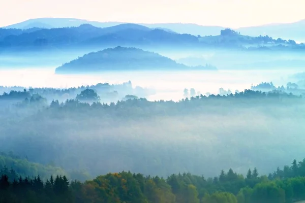 Puslu sabah. Sonbahar sis ve bulutlar yukarıdaki dağ Vadisi, dağlık manzara donma — Stok fotoğraf