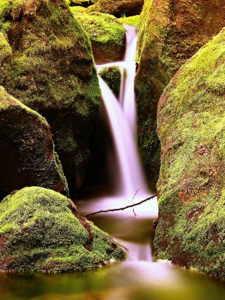 Weir no córrego da montanha com água cristalina. Pedras musgosas . — Fotografia de Stock