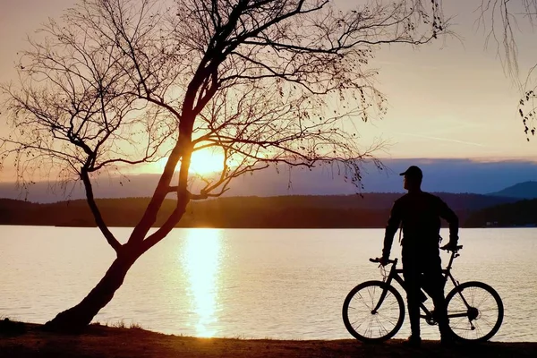 年轻男子骑单车剪影粉红橙色的天空和在海滩上的日落背景. — 图库照片